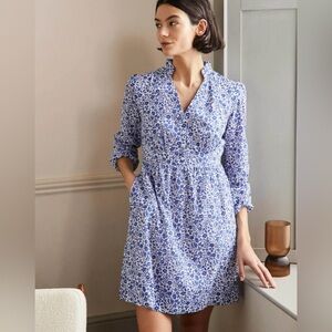 Boden Notch Neck Blue Floral Cotton Tea Mini Dress Pockets Women's Sz 8L
